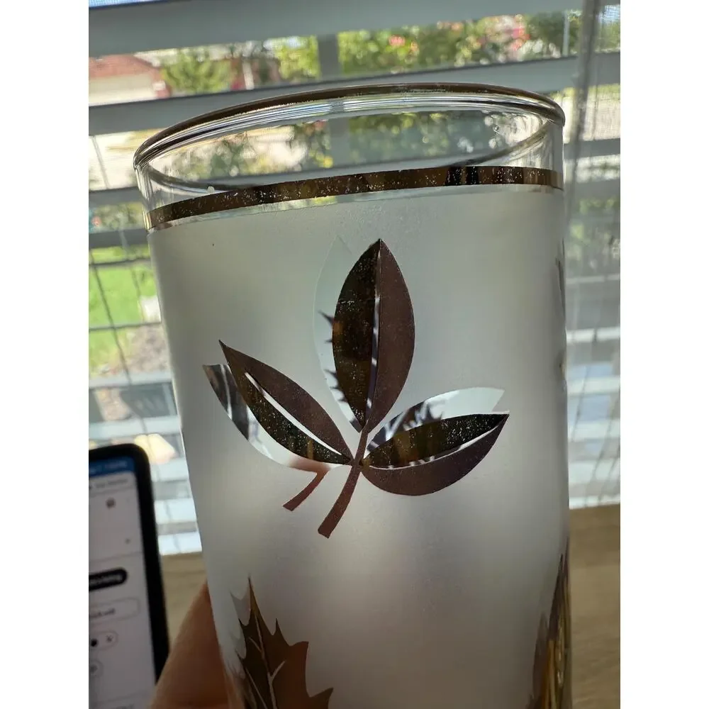 Vintage Libbey Golden Foliage Glasses Set of 7, Gold Leaf Highball Tumblers